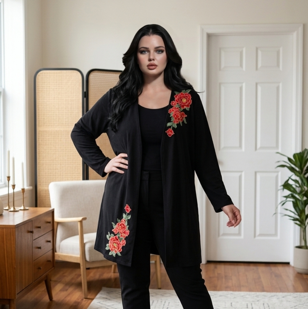 Slinky Brand Luxe Crepe Duster Pink Floral Applique - Size 2x